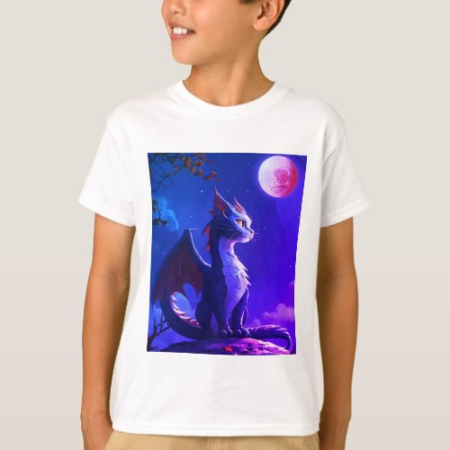 Moonlit Meow Cartoon Dragon Cat  T_Shirt