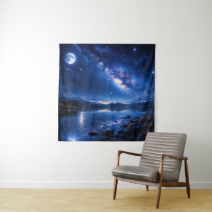 Moonlit Milky Way Reflection — Night Sky Lake Land Tapestry