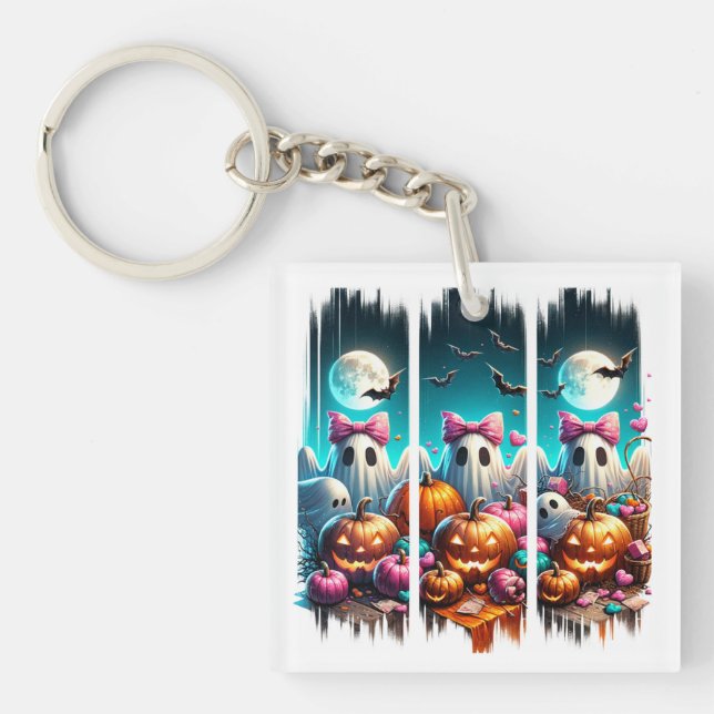 Moonlit Mischief – Ghosts in Pink Bows Keychain (Front)