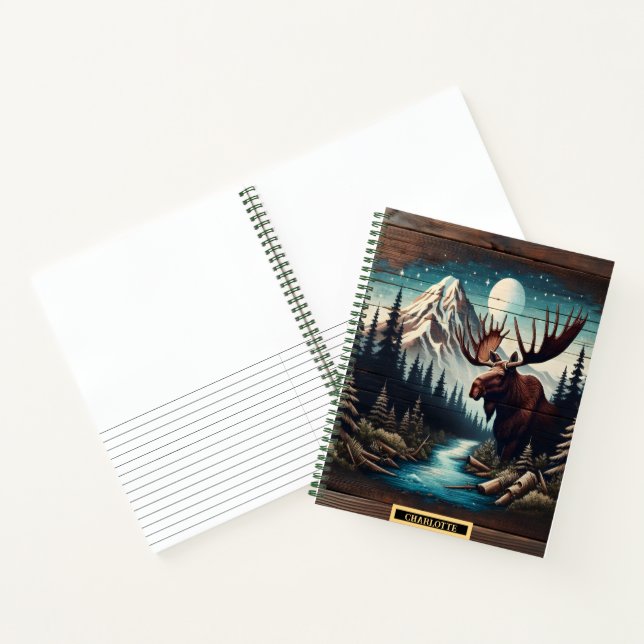 Moonlit moose by a calm river notebook (Inside)