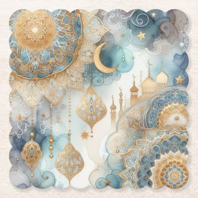 Moonlit Mosque Serenity for Eid Paper Coaster (Front)