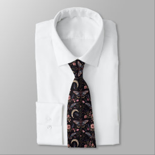 Moonlit Moths & Flowers Pattern Neck Tie