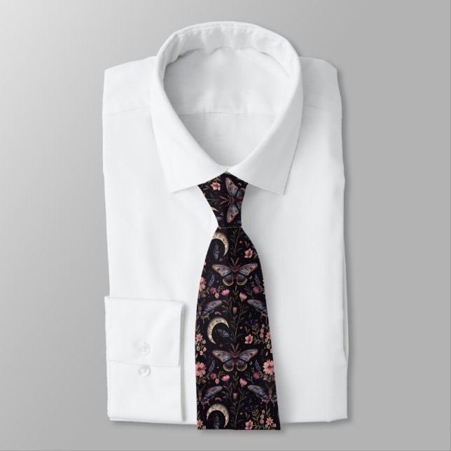 Moonlit Moths & Flowers Pattern Neck Tie (Tied)