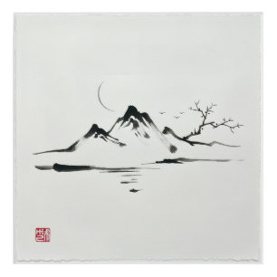 "Moonlit Mountains: Sumi-e Landscape" Acrylic Print