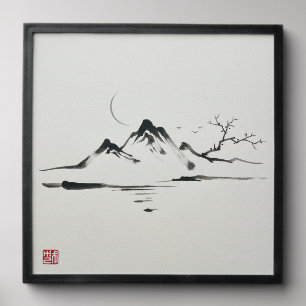 "Moonlit Mountains: Sumi-e Landscape" Peel And Stick Photo Tile