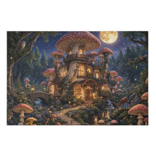 Moonlit Mushroom Cottage Fantasy Art Faux Canvas Print