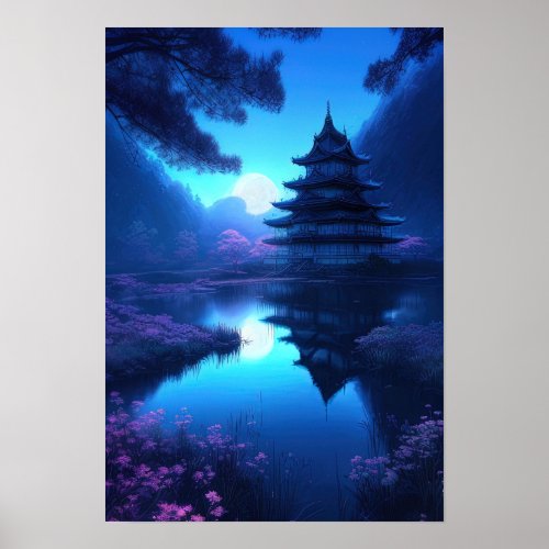 Moonlit Night at Japanese Castle by the lake Poster