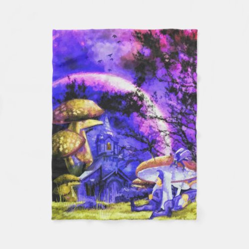 Moonlit Night Gnome Sitting Under Toadstool Fleece Blanket