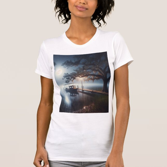 Moonlit Night of Boat on Lake T-Shirt (Front)