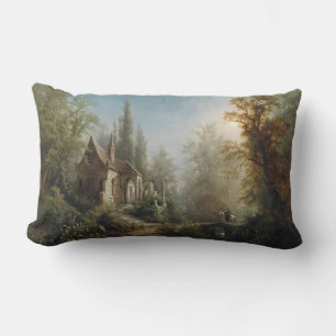 Moonlit Night over Country Chapel and Horse Riders Lumbar Pillow
