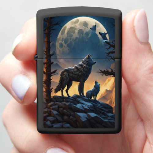 Moonlit Night with Howling Wolf Zippo Lighter