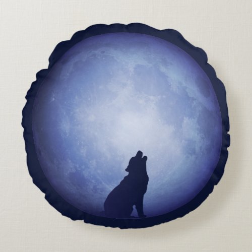 Moonlit Nights II Round Pillow Full Moon with Wolf