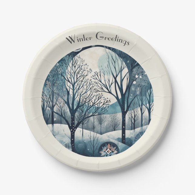 Moonlit Nordic Forest, customizable Paper Plates (Front)