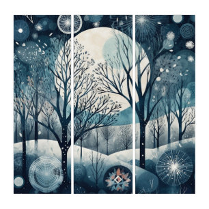 Moonlit Nordic Forest Winter Night Triptych