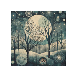 Moonlit Nordic Forest Winter Night Wood Wall Art