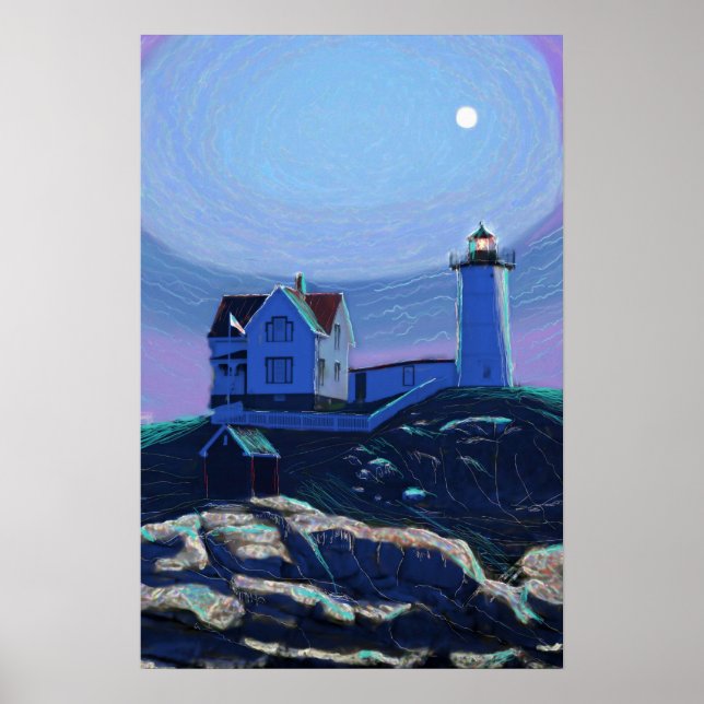 Moonlit Nubble Lighthouse Standard Premium Canvas Poster (Front)