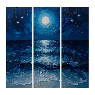 Moonlit Ocean Night Triptych Wall Art