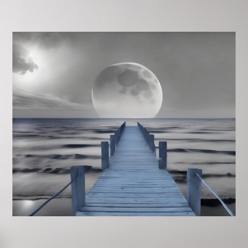 Moonlit Ocean Serenity Coastal Pier by Night Poster