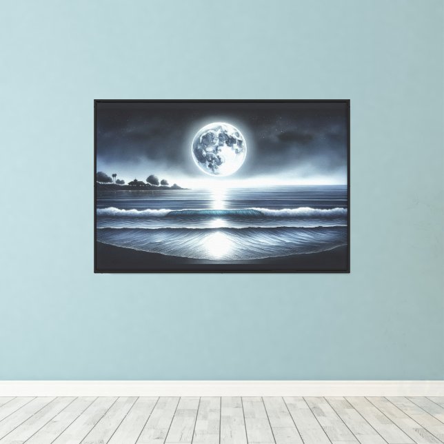Moonlit Ocean Waves Celestial Night Sky Canvas Print (Insitu(Wood Floor))