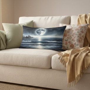 Moonlit Ocean Waves Celestial Night Sky Lumbar Pillow