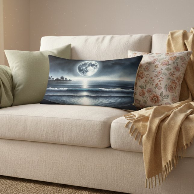 Moonlit Ocean Waves Celestial Night Sky Lumbar Pillow (Moonlit Ocean Waves Lumbar Pillow)