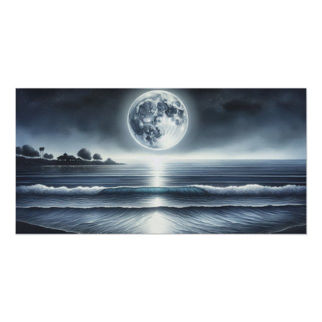 Moonlit Ocean Waves Celestial Night Sky Poster (Front)