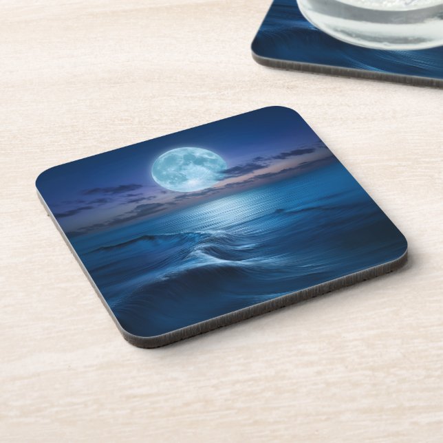 Moonlit Ocean Waves with Full Moon Beverage Coaster (Left Side)