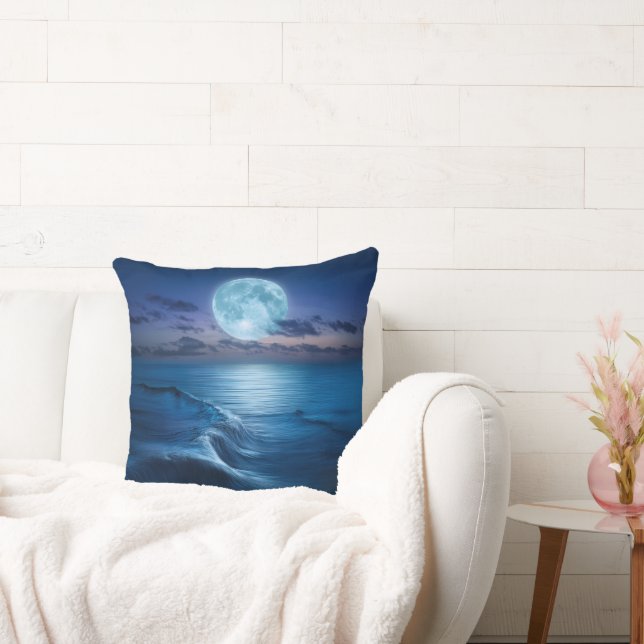 Moonlit Ocean Waves with Full Moon Throw Pillow (Couch)