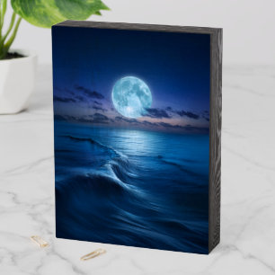 Moonlit Ocean Waves with Full Moon Wooden Box Sign