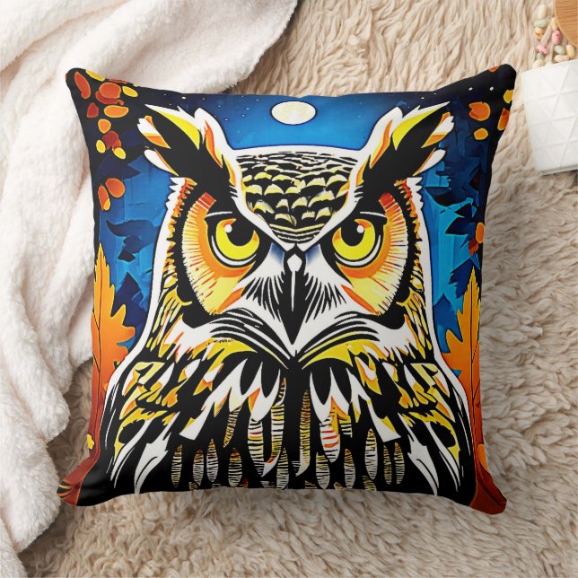 Moonlit Owl Gaze Throw Pillow (Blanket)