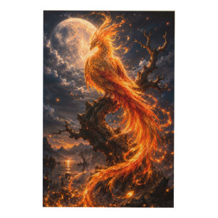 Moonlit Phoenix of Eternal Fire Wood Wall Art