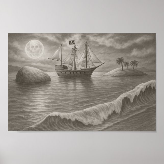Moonlit Pirate Ship Drawing – Nautical Fantasy Poster (Front)