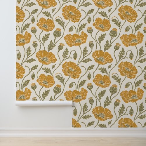 Moonlit Poppy Block Vintage Botanicals  Wallpaper