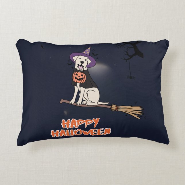 Moonlit Pup – Halloween Dog in Witch Hat Accent Pillow (Front)
