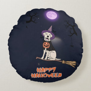 Moonlit Pup – Halloween Dog in Witch Hat Round Pillow