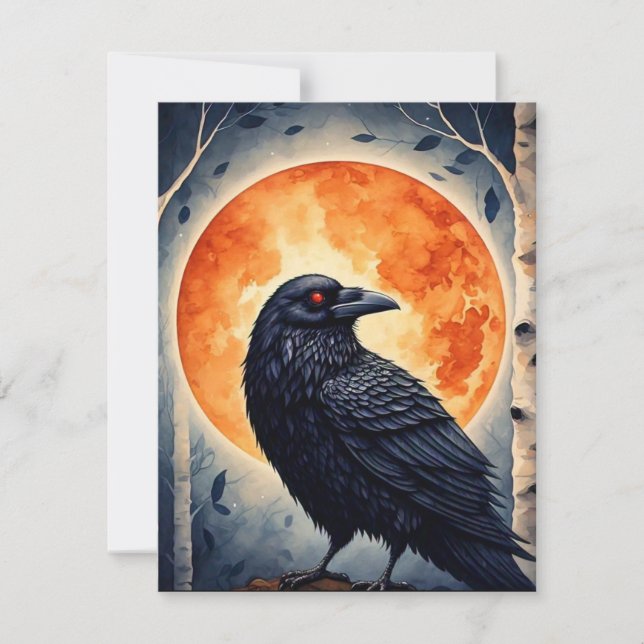 Moonlit Raven on Birch Tree Note Card (Front)