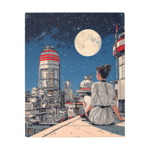 Moonlit Reflection in a Futuristic Cityscape Metal Print