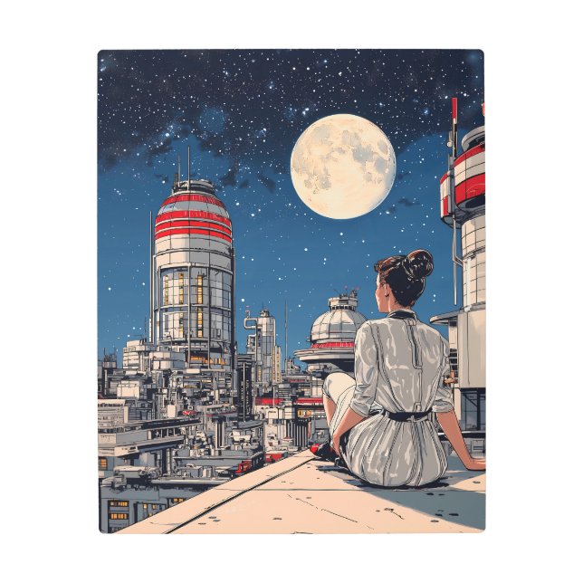  Moonlit Reflection in a Futuristic Cityscape Metal Print (Front)