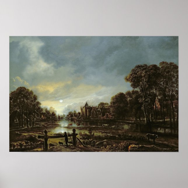 Moonlit River Landscape with Cottages Poster (Front)