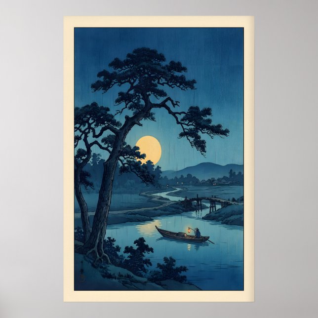 Moonlit River Print Japanese Woodblock Style Night (Front)