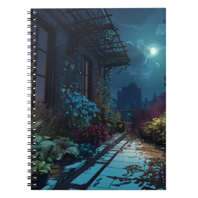 Moonlit Rooftop Garden Night Notebook (Front)