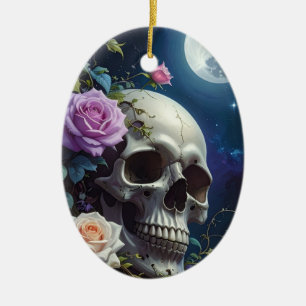 Moonlit Roses Skull Ceramic Ornament