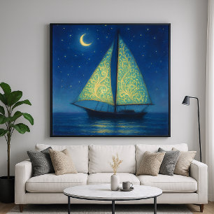 Moonlit Sailboat - Pastel Painting Style Night Art Poster