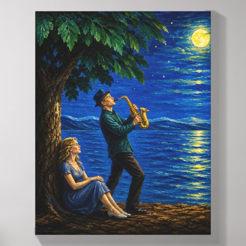 Moonlit Saxophone by the Lake Canvas Wall Art  Canvas Photo Tile