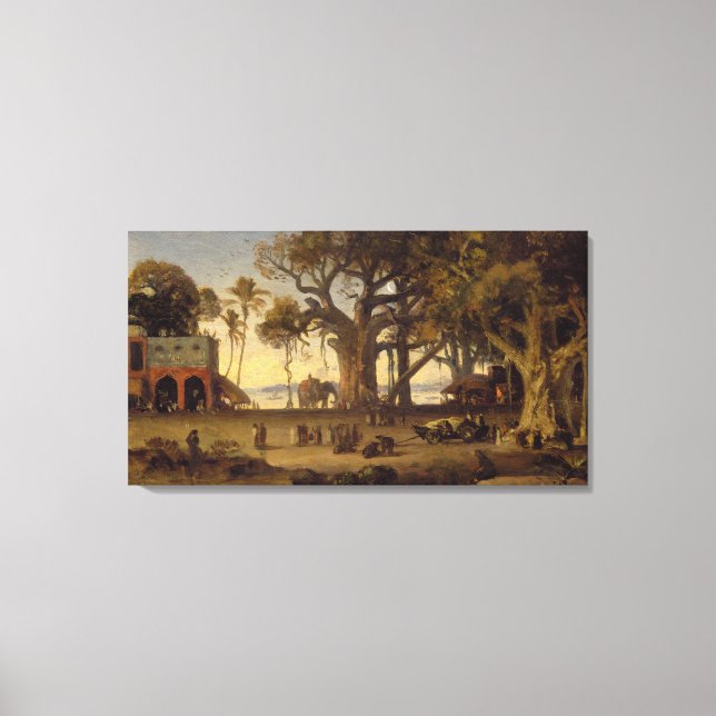 Moonlit Scene of Indian Figures and Elephants amon Canvas Print (Front)