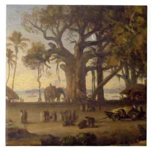 Moonlit Scene of Indian Figures and Elephants amon Ceramic Tile