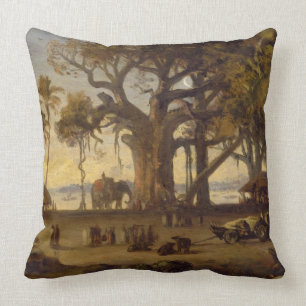 Moonlit Scene of Indian Figures and Elephants amon Throw Pillow