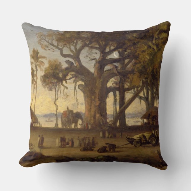 Moonlit Scene of Indian Figures and Elephants amon Throw Pillow (Front)