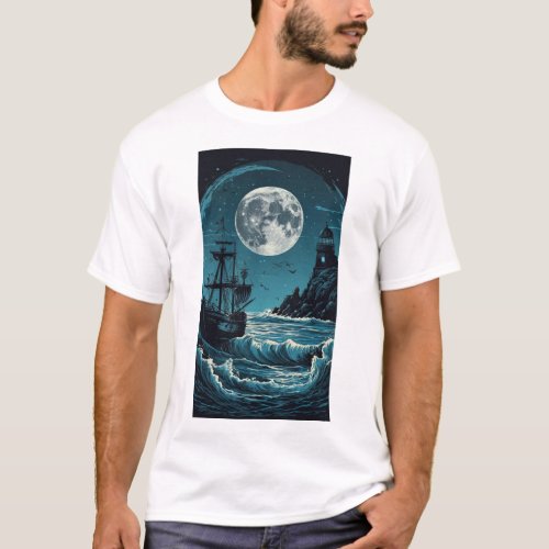 Moonlit Serenade Mermaid and Shipwreck  T_Shirt