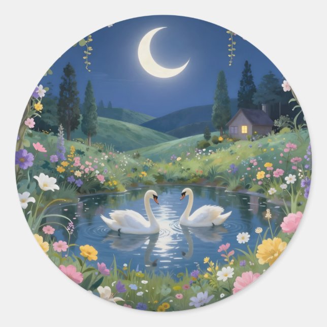 Moonlit Serenade – Moonlit Landscape Classic Round Sticker (Front)